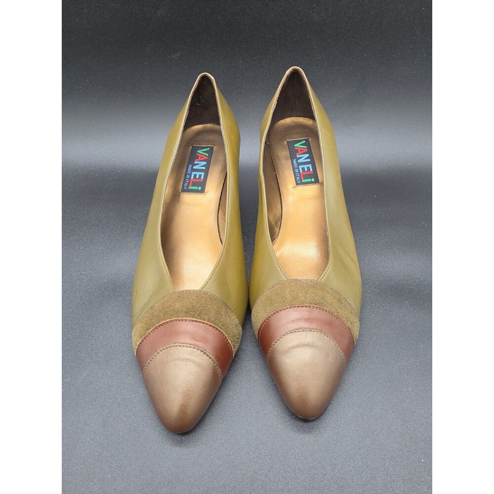Vintage VANELI Leather Pumps Made in Italy Olive Green Multi Cap Toe Heels Sz7.5